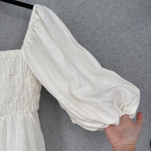 Tuckernuck Annie Linen Smocked Mini Dress Size S White Puff Sleeve Neutral Chic - Picture 2 of 11